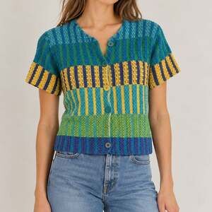 Vintage 1997 Michael Simon Colorblock Striped Ramie Cotton Knit Cardigan Large